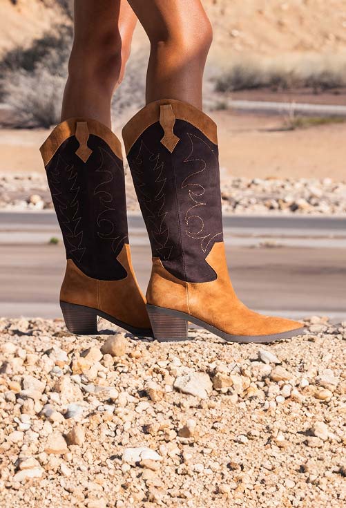 shop veera western classic comfort boot in coffee and chocolate suede