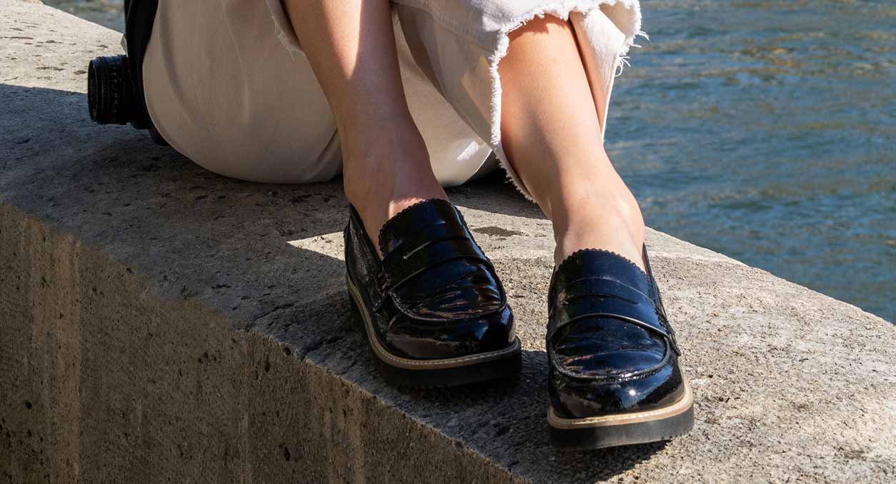 shop zyra stylish crinkle black patent loafer in black