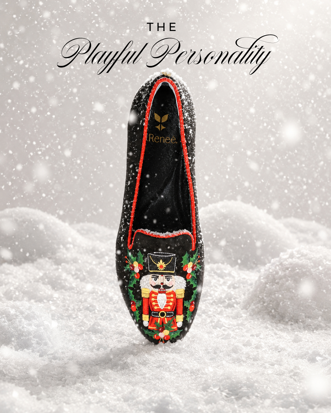 text reads: the playful personality image shows a black loafer with red trim and nutcracker embroidery